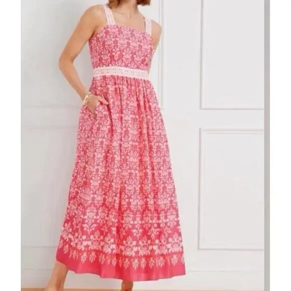 Talbots Coral Pink Voile Sleeveless Flare Maxi Dress Pockets Sundress Cotton 10P - Picture 3 of 15